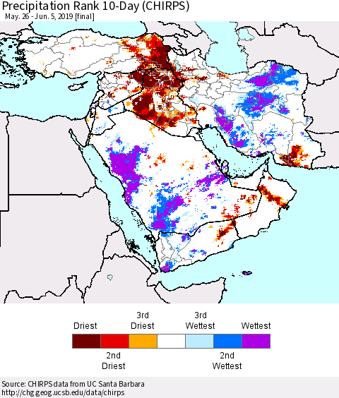 Middle East and Turkey Precipitation Rank since 1981, 10-Day (CHIRPS) Thematic Map For 5/26/2019 - 6/5/2019