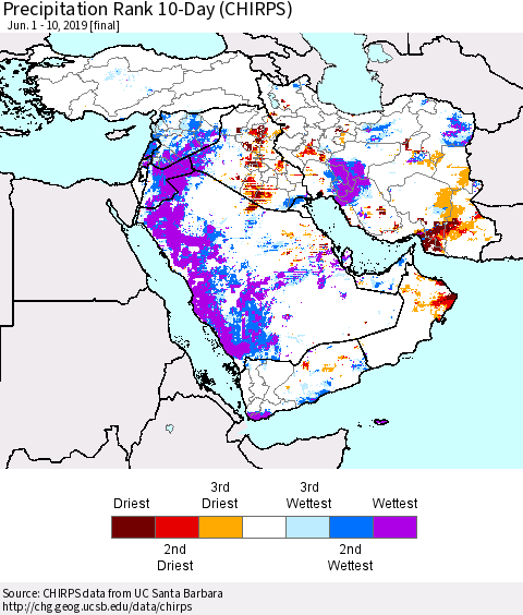 Middle East and Turkey Precipitation Rank since 1981, 10-Day (CHIRPS) Thematic Map For 6/1/2019 - 6/10/2019
