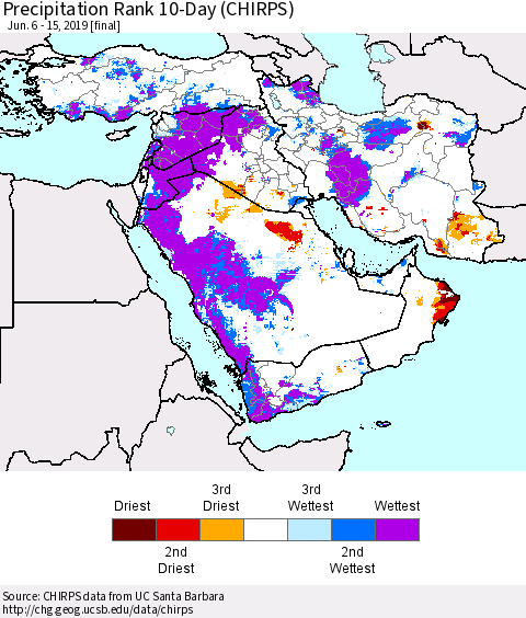 Middle East and Turkey Precipitation Rank since 1981, 10-Day (CHIRPS) Thematic Map For 6/6/2019 - 6/15/2019