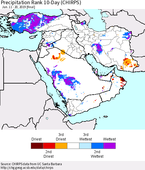 Middle East and Turkey Precipitation Rank since 1981, 10-Day (CHIRPS) Thematic Map For 6/11/2019 - 6/20/2019