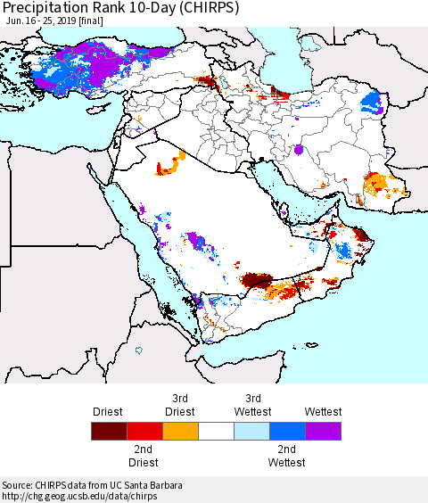 Middle East and Turkey Precipitation Rank since 1981, 10-Day (CHIRPS) Thematic Map For 6/16/2019 - 6/25/2019