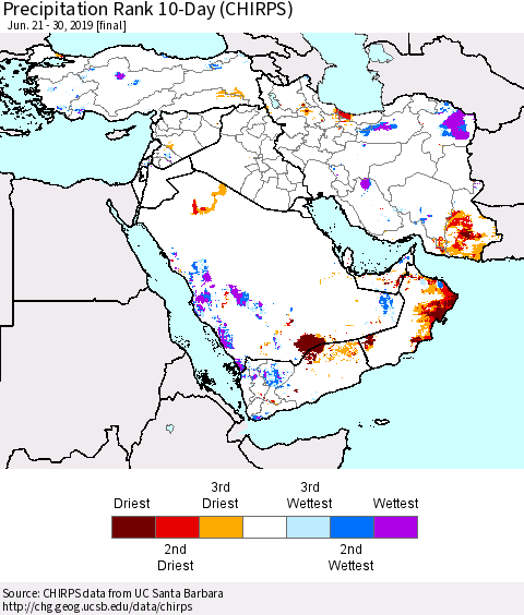 Middle East and Turkey Precipitation Rank since 1981, 10-Day (CHIRPS) Thematic Map For 6/21/2019 - 6/30/2019