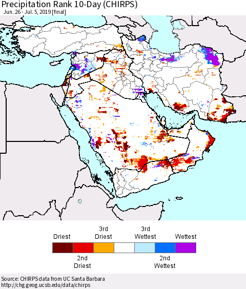 Middle East and Turkey Precipitation Rank since 1981, 10-Day (CHIRPS) Thematic Map For 6/26/2019 - 7/5/2019