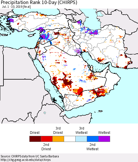 Middle East and Turkey Precipitation Rank since 1981, 10-Day (CHIRPS) Thematic Map For 7/1/2019 - 7/10/2019