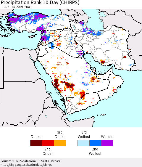Middle East and Turkey Precipitation Rank since 1981, 10-Day (CHIRPS) Thematic Map For 7/6/2019 - 7/15/2019