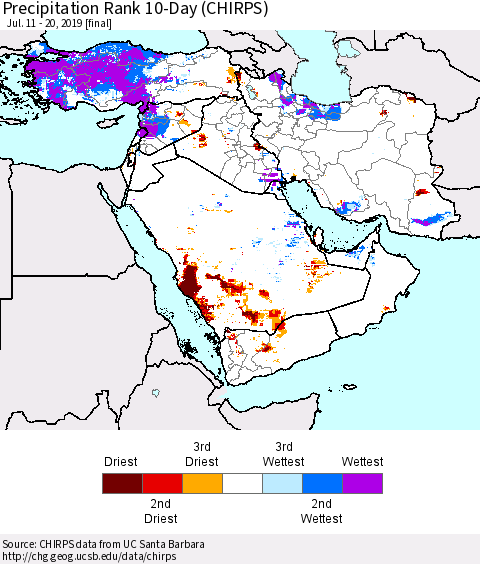 Middle East and Turkey Precipitation Rank since 1981, 10-Day (CHIRPS) Thematic Map For 7/11/2019 - 7/20/2019