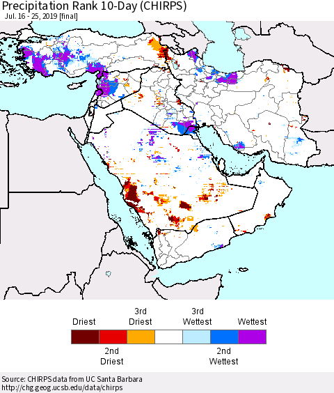 Middle East and Turkey Precipitation Rank since 1981, 10-Day (CHIRPS) Thematic Map For 7/16/2019 - 7/25/2019