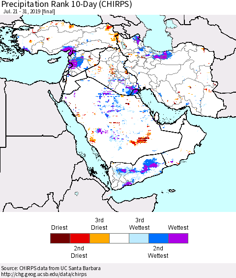 Middle East and Turkey Precipitation Rank since 1981, 10-Day (CHIRPS) Thematic Map For 7/21/2019 - 7/31/2019