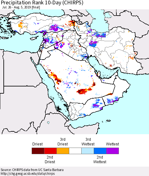Middle East and Turkey Precipitation Rank since 1981, 10-Day (CHIRPS) Thematic Map For 7/26/2019 - 8/5/2019