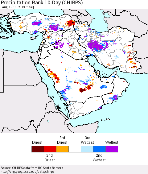 Middle East and Turkey Precipitation Rank since 1981, 10-Day (CHIRPS) Thematic Map For 8/1/2019 - 8/10/2019