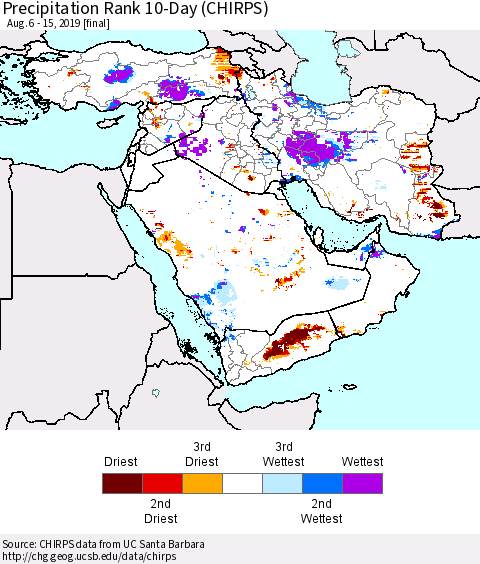 Middle East and Turkey Precipitation Rank since 1981, 10-Day (CHIRPS) Thematic Map For 8/6/2019 - 8/15/2019
