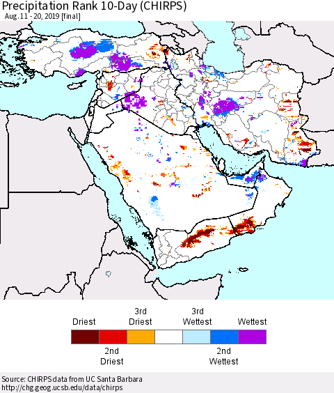 Middle East and Turkey Precipitation Rank since 1981, 10-Day (CHIRPS) Thematic Map For 8/11/2019 - 8/20/2019