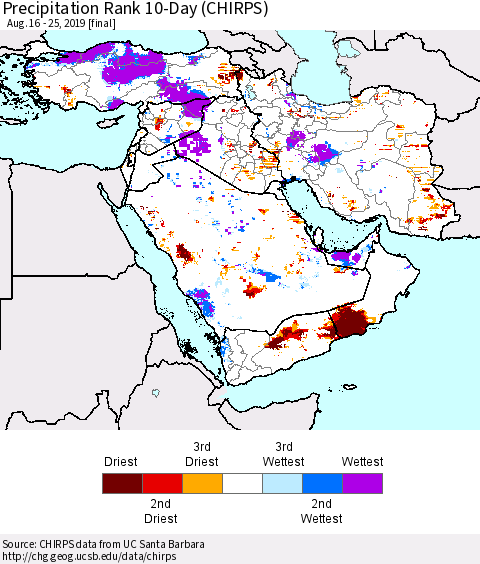 Middle East and Turkey Precipitation Rank since 1981, 10-Day (CHIRPS) Thematic Map For 8/16/2019 - 8/25/2019