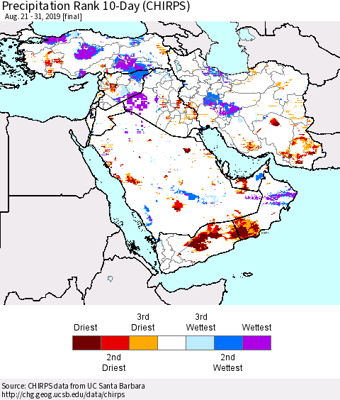Middle East and Turkey Precipitation Rank since 1981, 10-Day (CHIRPS) Thematic Map For 8/21/2019 - 8/31/2019