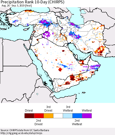 Middle East and Turkey Precipitation Rank since 1981, 10-Day (CHIRPS) Thematic Map For 8/26/2019 - 9/5/2019