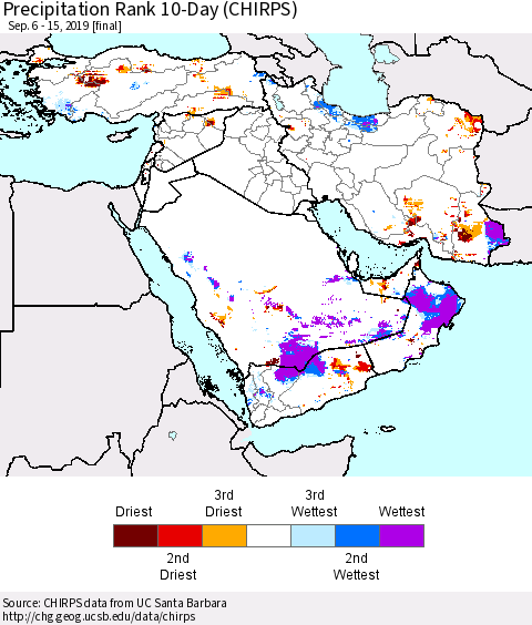 Middle East and Turkey Precipitation Rank since 1981, 10-Day (CHIRPS) Thematic Map For 9/6/2019 - 9/15/2019