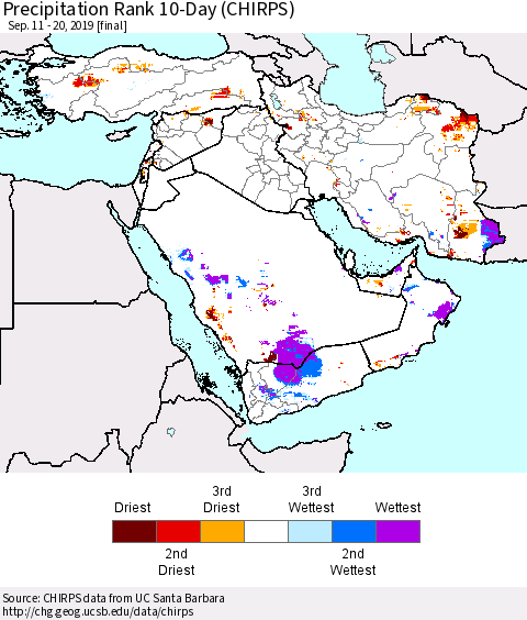 Middle East and Turkey Precipitation Rank since 1981, 10-Day (CHIRPS) Thematic Map For 9/11/2019 - 9/20/2019