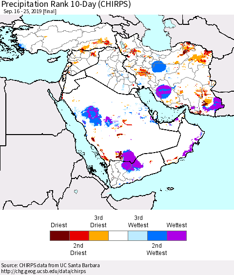Middle East and Turkey Precipitation Rank since 1981, 10-Day (CHIRPS) Thematic Map For 9/16/2019 - 9/25/2019