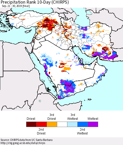 Middle East and Turkey Precipitation Rank since 1981, 10-Day (CHIRPS) Thematic Map For 9/21/2019 - 9/30/2019