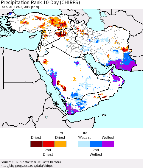 Middle East and Turkey Precipitation Rank since 1981, 10-Day (CHIRPS) Thematic Map For 9/26/2019 - 10/5/2019