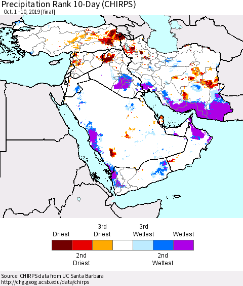 Middle East and Turkey Precipitation Rank since 1981, 10-Day (CHIRPS) Thematic Map For 10/1/2019 - 10/10/2019