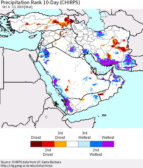 Middle East and Turkey Precipitation Rank since 1981, 10-Day (CHIRPS) Thematic Map For 10/6/2019 - 10/15/2019