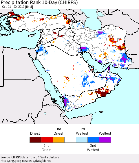 Middle East and Turkey Precipitation Rank since 1981, 10-Day (CHIRPS) Thematic Map For 10/11/2019 - 10/20/2019