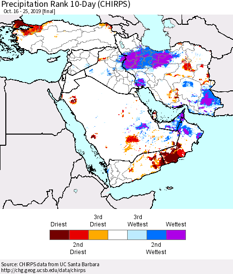 Middle East and Turkey Precipitation Rank since 1981, 10-Day (CHIRPS) Thematic Map For 10/16/2019 - 10/25/2019
