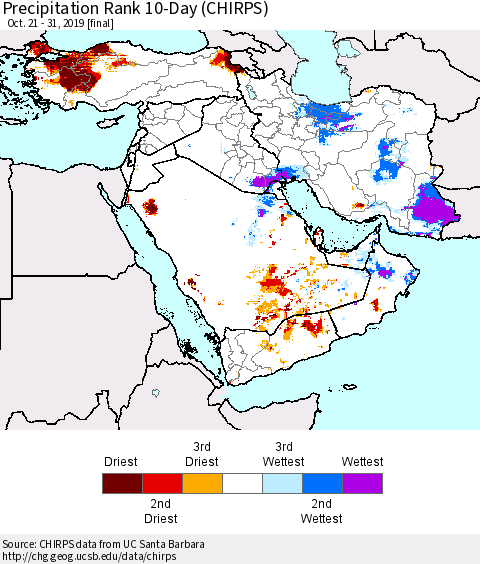 Middle East and Turkey Precipitation Rank since 1981, 10-Day (CHIRPS) Thematic Map For 10/21/2019 - 10/31/2019
