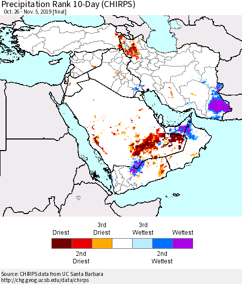 Middle East and Turkey Precipitation Rank since 1981, 10-Day (CHIRPS) Thematic Map For 10/26/2019 - 11/5/2019