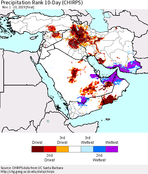 Middle East and Turkey Precipitation Rank since 1981, 10-Day (CHIRPS) Thematic Map For 11/1/2019 - 11/10/2019