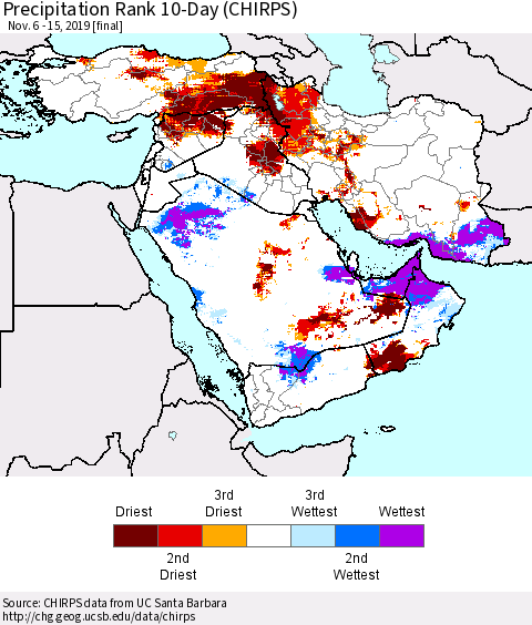 Middle East and Turkey Precipitation Rank since 1981, 10-Day (CHIRPS) Thematic Map For 11/6/2019 - 11/15/2019