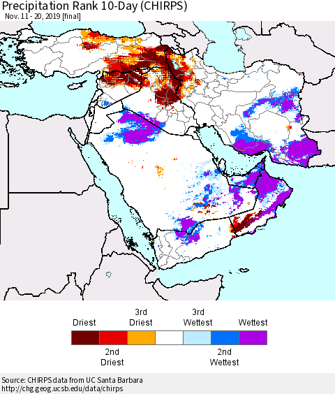 Middle East and Turkey Precipitation Rank since 1981, 10-Day (CHIRPS) Thematic Map For 11/11/2019 - 11/20/2019