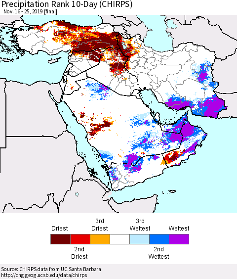 Middle East and Turkey Precipitation Rank since 1981, 10-Day (CHIRPS) Thematic Map For 11/16/2019 - 11/25/2019
