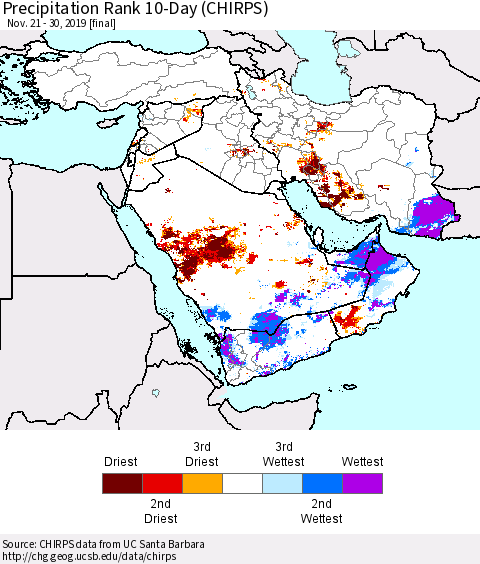 Middle East and Turkey Precipitation Rank since 1981, 10-Day (CHIRPS) Thematic Map For 11/21/2019 - 11/30/2019