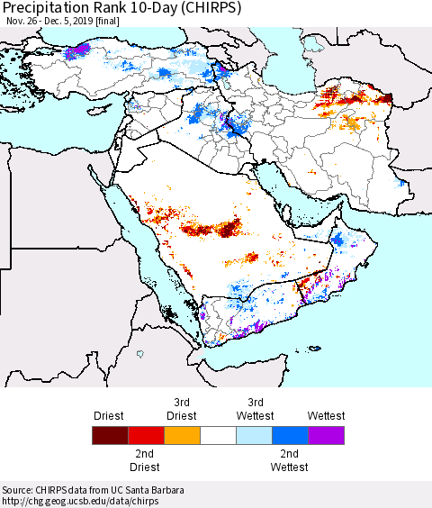 Middle East and Turkey Precipitation Rank since 1981, 10-Day (CHIRPS) Thematic Map For 11/26/2019 - 12/5/2019