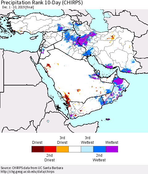 Middle East and Turkey Precipitation Rank since 1981, 10-Day (CHIRPS) Thematic Map For 12/1/2019 - 12/10/2019