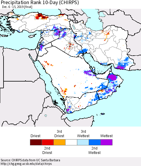 Middle East and Turkey Precipitation Rank since 1981, 10-Day (CHIRPS) Thematic Map For 12/6/2019 - 12/15/2019