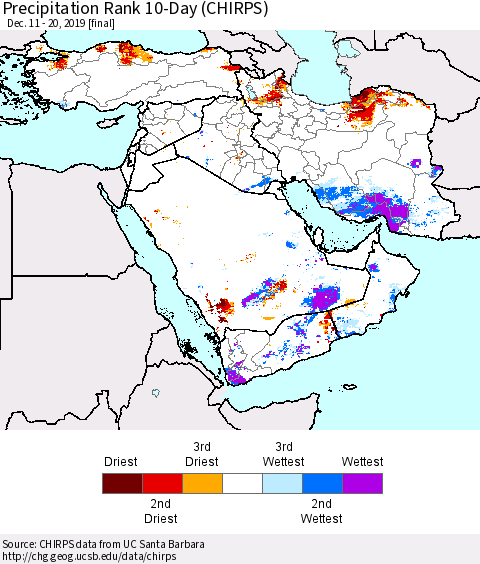 Middle East and Turkey Precipitation Rank since 1981, 10-Day (CHIRPS) Thematic Map For 12/11/2019 - 12/20/2019