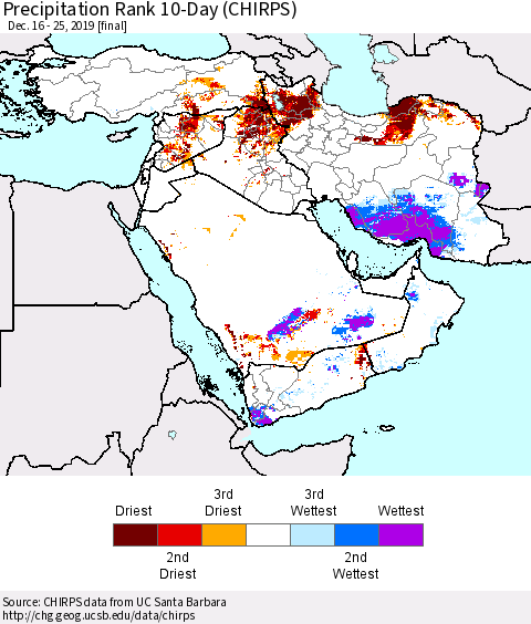 Middle East and Turkey Precipitation Rank since 1981, 10-Day (CHIRPS) Thematic Map For 12/16/2019 - 12/25/2019