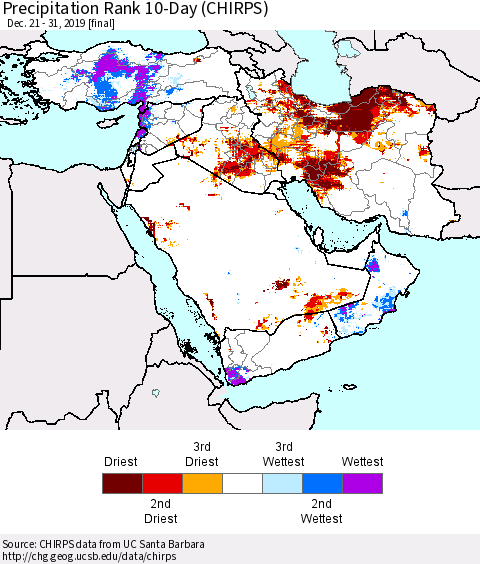 Middle East and Turkey Precipitation Rank since 1981, 10-Day (CHIRPS) Thematic Map For 12/21/2019 - 12/31/2019