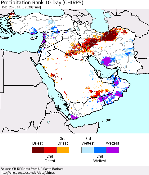 Middle East and Turkey Precipitation Rank since 1981, 10-Day (CHIRPS) Thematic Map For 12/26/2019 - 1/5/2020