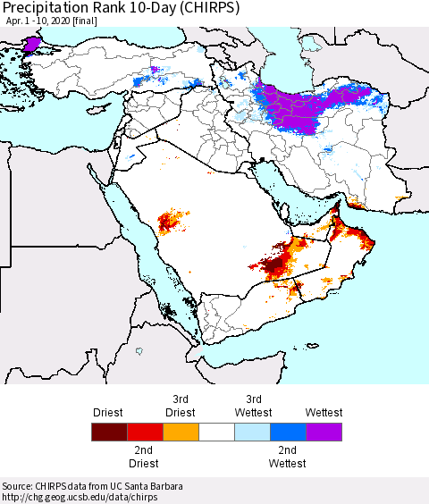 Middle East and Turkey Precipitation Rank since 1981, 10-Day (CHIRPS) Thematic Map For 4/1/2020 - 4/10/2020