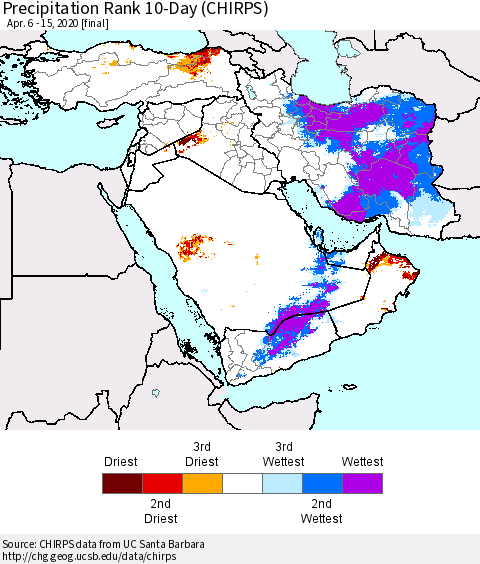 Middle East and Turkey Precipitation Rank since 1981, 10-Day (CHIRPS) Thematic Map For 4/6/2020 - 4/15/2020