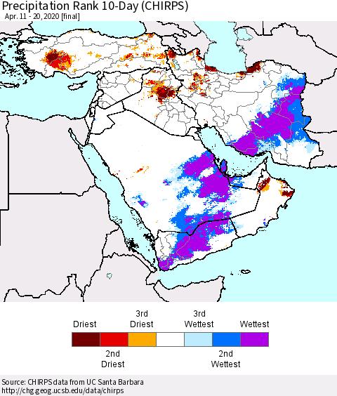 Middle East and Turkey Precipitation Rank since 1981, 10-Day (CHIRPS) Thematic Map For 4/11/2020 - 4/20/2020