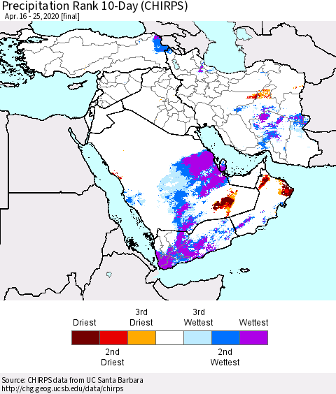 Middle East and Turkey Precipitation Rank since 1981, 10-Day (CHIRPS) Thematic Map For 4/16/2020 - 4/25/2020