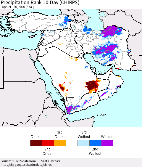 Middle East and Turkey Precipitation Rank since 1981, 10-Day (CHIRPS) Thematic Map For 4/21/2020 - 4/30/2020