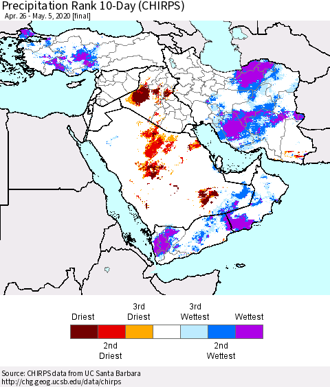Middle East and Turkey Precipitation Rank since 1981, 10-Day (CHIRPS) Thematic Map For 4/26/2020 - 5/5/2020