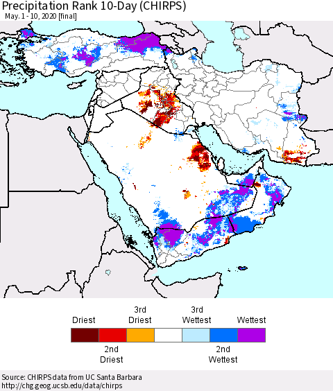 Middle East and Turkey Precipitation Rank since 1981, 10-Day (CHIRPS) Thematic Map For 5/1/2020 - 5/10/2020