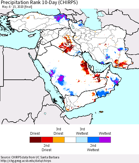 Middle East and Turkey Precipitation Rank since 1981, 10-Day (CHIRPS) Thematic Map For 5/6/2020 - 5/15/2020